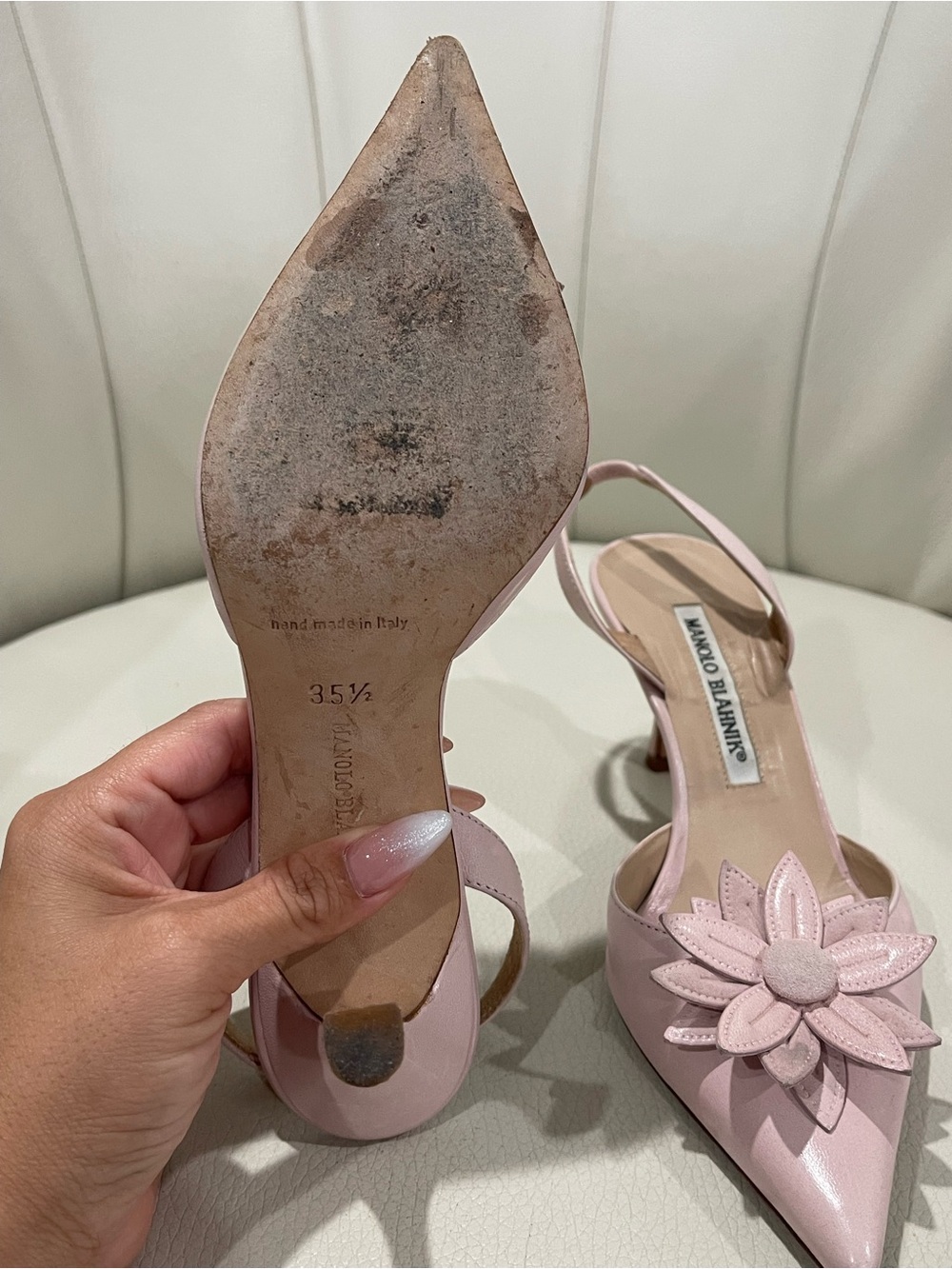 Manolo Blahnik Powder Pink Flower-Embellished Slingback Pumps - Picture 3 of 6